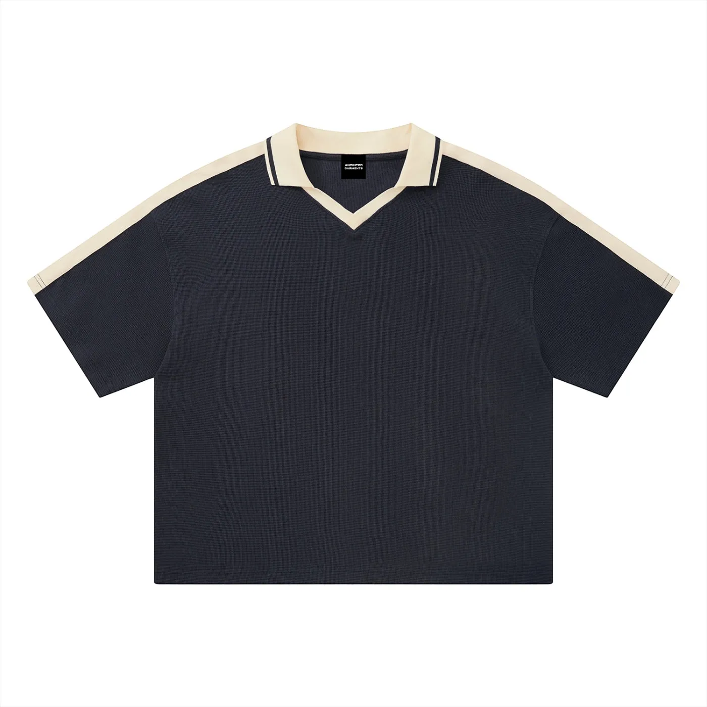 Navy and cream V-neck polo shirt
